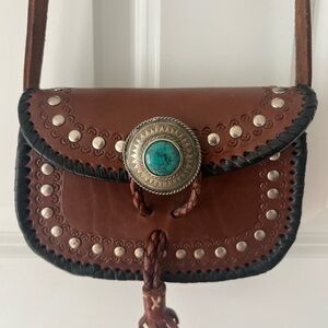 Vintage Brown Leather Crossbody Bag with Studs